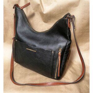 ROSETTI Black Faux Leather Oversized Handbag, Brown Leather Strap